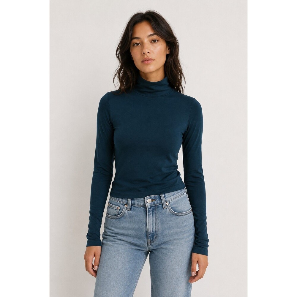 PerfectWhiteTee Hayden Ribbed Turtleneck Soft Modal Long Sleeve Top Teal Size L